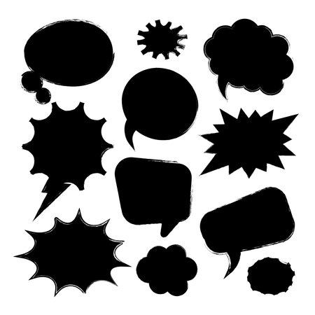 Grunge comic speech bubbles with brush strokes, ink smudges, acrylic stains or charcoal streaks. Hand drawn retro cartoon stickers. Chatting, message box. Vector illustrationのイラスト素材