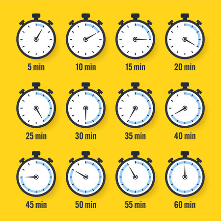 Stopwatch icons. Colorful simple chronometer, time counter with dial. Countdown timer showing hours...