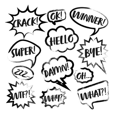 Grunge comic speech bubbles with handwritten text, brush strokes, ink smudges, acrylic stains or charcoal streaks. Hand drawn retro cartoon stickers. Chatting, message box. Vector illustrationのイラスト素材