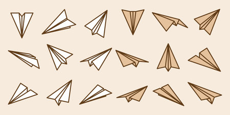 Realistic handmade paper planes collection on transparent background. Origami aircraft in flat style. Vector illustration.のイラスト素材