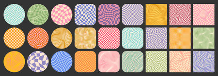 Groovy checkered pattern, colorful tiled grid. Vintage wavy curved backdrop, distortion effect....