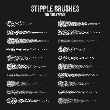 Ink scatter brush, stipple drawing and texturing. Fading gradient. Stippling, dotwork drawing, shading using dots. Halftone disintegration effect. White noise grainy texture. Vector illustrationのイラスト素材