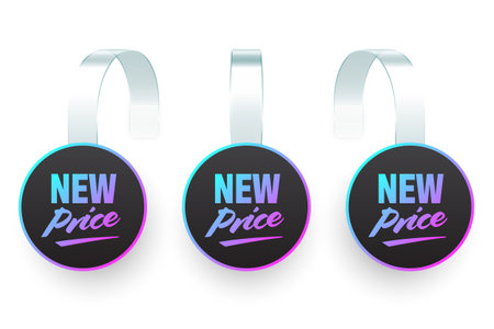 Colorful neon supermarket promotional wobblers. Realistic wobbler template for shelf advertising. Sale or discount label with ad text. Special offer price tag. Vector illustrationのイラスト素材