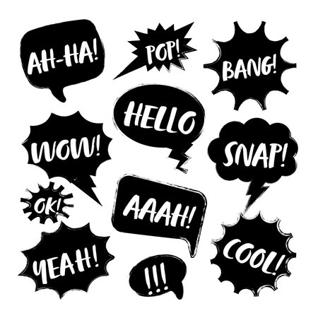 Grunge comic speech bubbles with handwritten text, brush strokes, ink smudges, acrylic stains or charcoal streaks. Hand drawn retro cartoon stickers. Chatting, message box. Vector illustrationのイラスト素材