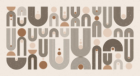 Arch and circle elements, modern geometric shapes. Contemporary design, mid century minimalist art. Trendy design elements for wall decor, posters, books, covers and flyers. Vector illustrationのイラスト素材