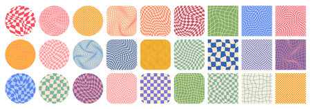 Groovy checkered pattern, colorful tiled grid. Vintage wavy curved backdrop, distortion effect....