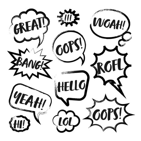 Grunge comic speech bubbles with handwritten text, brush strokes, ink smudges, acrylic stains or charcoal streaks. Hand drawn retro cartoon stickers. Chatting, message box. Vector illustrationのイラスト素材