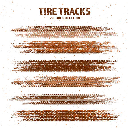 Grunge tire tracks with mud splatters, dirty wheel braking marks. Truck, car, or motorcycle tread pattern silhouettes. Perfect for off-road, motorsport, and racing designs. Vector illustrationのイラスト素材