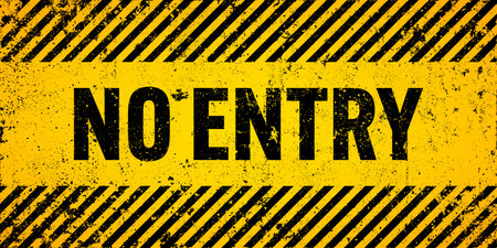 Warning sign with yellow and black diagonal lines. Attention, danger or caution symbol. Construction site signage, road safety notice, hazard banner, security alert shield. Vector illustrationのイラスト素材