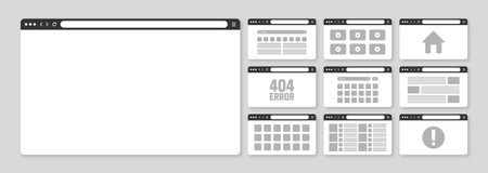 Web browser window, pages layout with toolbar and search field. Modern website, internet page in flat style. Browser mockup for computer, tablet and smartphone. Adaptive UI. Vector illustrationのイラスト素材