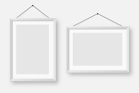 Realistic blank white picture frames collection. Modern poster mockup for artwork, photography, or advertising. Perfect for art galleries, interior decor, and branding. Vector illustrationのイラスト素材