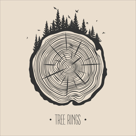 Round tree trunk cut with trees, forest and birds. Sawn pine or oak slice, lumber. Saw cut timber, wood. Brown wooden texture with tree rings. Hand drawn sketch. Vector illustrationのイラスト素材