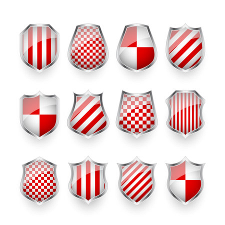 Glossy shields with red and black white. Security and protection concept. Cyber safety icons, internet privacy, web defense, digital data protection and antivirus themes. Vector illustrationのイラスト素材