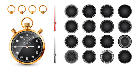 Realistic classic stopwatch. Shiny golden metal chronometer, time counter with dial. Countdown timer showing minutes and seconds. Time measurement for sport, start, finish. Vector illustrationのイラスト素材