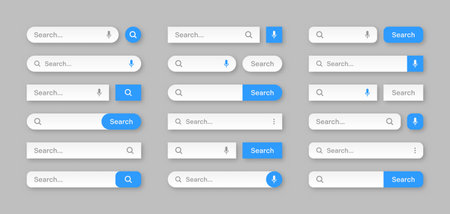 Various search bar templates. Internet browser engine with search box, address bar and text field. UI design, website interface element with web icons and push button. Vector illustrationのイラスト素材