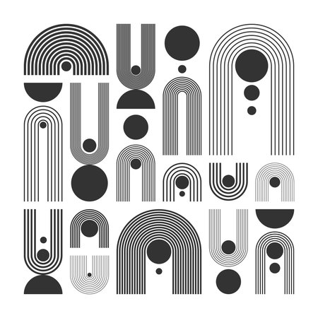 Arch and circle elements, modern geometric shapes. Contemporary design, mid century minimalist art. Trendy design elements for wall decor, posters, books, covers and flyers. Vector illustrationのイラスト素材