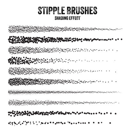 Ink scatter brush, stipple drawing and texturing. Fading gradient. Stippling, dotwork drawing, shading using dots. Halftone disintegration effect. White noise grainy texture. Vector illustrationのイラスト素材