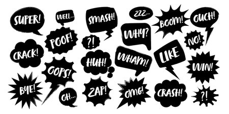 Grunge comic speech bubbles with handwritten text, brush strokes, ink smudges, acrylic stains or charcoal streaks. Hand drawn retro cartoon stickers. Chatting, message box. Vector illustrationのイラスト素材
