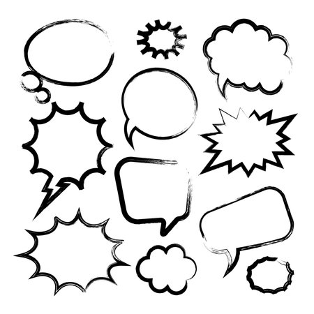 Grunge comic speech bubbles with brush strokes, ink smudges, acrylic stains or charcoal streaks. Hand drawn retro cartoon stickers. Chatting, message box. Vector illustrationのイラスト素材