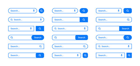 Various search bar templates. Internet browser engine with search box, address bar and text field. UI design, website interface element with web icons and push button. Vector illustrationのイラスト素材