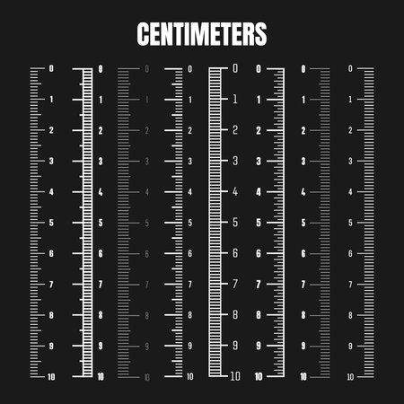 Vertical centimeter scale for measuring length or height. Various measurement scales with divisions. Ruler, tape measure marks, size indicators. Vector illustrationのイラスト素材