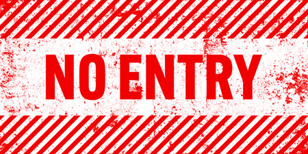 Warning sign with red and white diagonal lines. Attention, danger or caution symbol. Construction site signage, road safety notice, hazard banner, security alert shield. Vector illustrationのイラスト素材