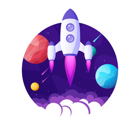 Rocket launch, space futuristic colorful background with planets and stars. Cartoon starship, spaceship in night sky. Solar system, galaxy and universe exploration. Vector illustrationのイラスト素材