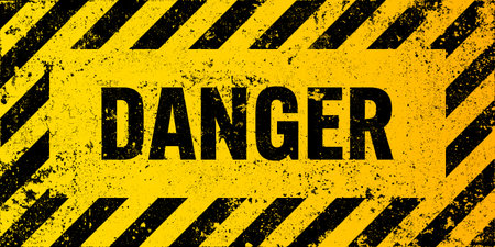 Warning sign with yellow and black diagonal lines. Attention, danger or caution symbol. Construction site signage, road safety notice, hazard banner, security alert shield. Vector illustrationのイラスト素材