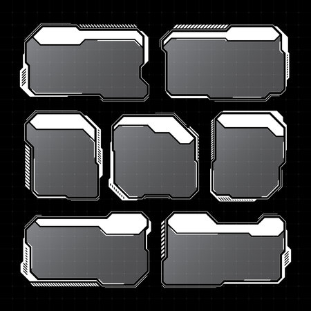 White futuristic HUD, UI elements. Sci-fi user interface text boxes, callouts. Warning message frames, information boxes template. Modern game interface layout in digital style. Vector illustrationのイラスト素材