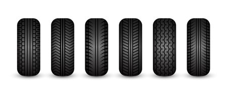 Rubber tires silhouettes. Car, truck, and motorcycle wheels, tread pattern designs. Perfect for automotive, racing, and motorsport themes, repair service and transport industry. Vector illustrationのイラスト素材