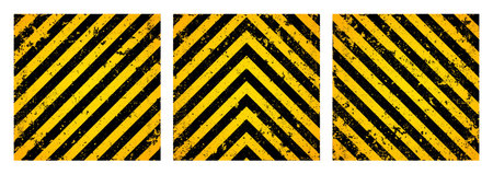 Warning sign with yellow and black diagonal lines. Attention, danger or caution symbol. Construction site signage, road safety notice, hazard banner, security alert shield. Vector illustrationのイラスト素材