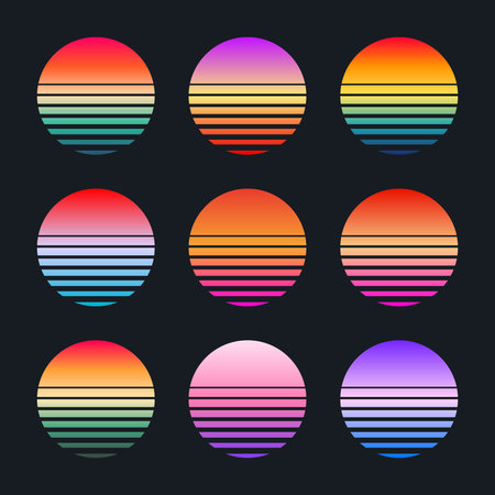 Vintage colorful sunset. Striped gradient sunrise badges in 80s and 90s style. Sun and ocean view,...