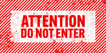 Warning sign with red and white diagonal lines. Attention, danger or caution symbol. Construction site signage, road safety notice, hazard banner, security alert shield. Vector illustrationのイラスト素材