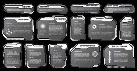 White futuristic HUD, UI elements. Sci-fi user interface text boxes, callouts. Warning message frames, information boxes template. Modern game interface layout in digital style. Vector illustrationのイラスト素材