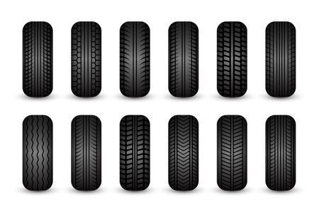 Rubber tires silhouettes. Car, truck, and motorcycle wheels, tread pattern designs. Perfect for automotive, racing, and motorsport themes, repair service and transport industry. Vector illustrationのイラスト素材