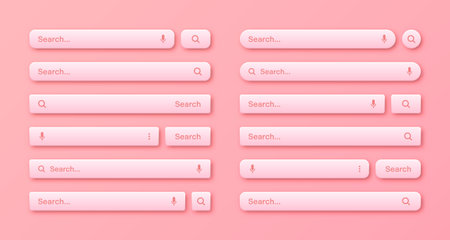 Colorful 3d search bar templates. Internet browser engine with search box, address bar and text field. UI design, website interface element with web icons and push button. Vector illustrationのイラスト素材