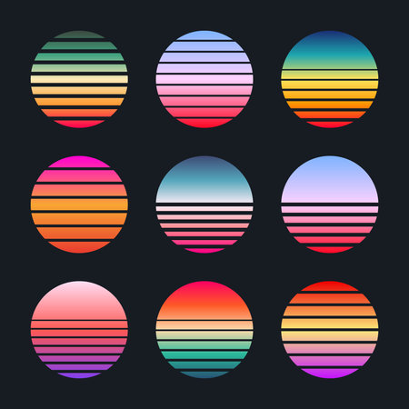 Vintage colorful sunset. Striped gradient sunrise badges in 80s and 90s style. Sun and ocean view, summer vibes, surfing. Design element for print, logo or t-shirt. Vector illustrationのイラスト素材