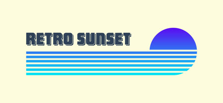 Vintage colorful sunset. Various gradient striped sunrise badges in 80s and 90s style. Sun and ocean view, summer vibes, surfing. Design element for print, logo or t-shirt. Vector illustrationのイラスト素材
