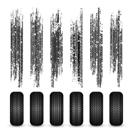 Grunge tire tracks, rubber wheels, and braking marks. Truck, car, or motorcycle tread pattern silhouettes. Perfect for auto racing, motorsport, and speed-related designs. Vector illustrationのイラスト素材