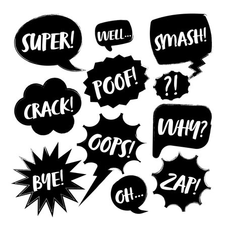 Grunge comic speech bubbles with handwritten text, brush strokes, ink smudges, acrylic stains or charcoal streaks. Hand drawn retro cartoon stickers. Chatting, message box. Vector illustrationのイラスト素材