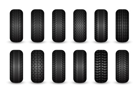 Rubber tires silhouettes. Car, truck, and motorcycle wheels, tread pattern designs. Perfect for automotive, racing, and motorsport themes, repair service and transport industry. Vector illustrationのイラスト素材