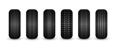 Rubber tires silhouettes. Car, truck, and motorcycle wheels, tread pattern designs. Perfect for automotive, racing, and motorsport themes, repair service and transport industry. Vector illustrationのイラスト素材
