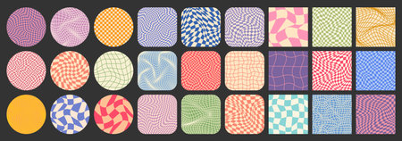 Groovy checkered pattern, colorful tiled grid. Vintage wavy curved backdrop, distortion effect....