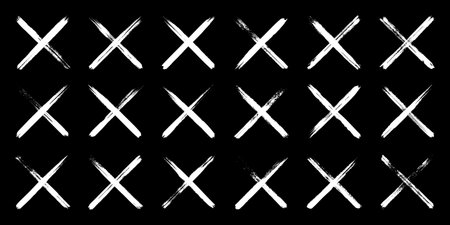 Grunge crosses, brush strokes, x mark, lines, ink smudges, hand-drawn scribble shapes. Handmade sketchy marks, acrylic stains, charcoal streaks. Paint textures, dry brush effect. Vector illustrationのイラスト素材