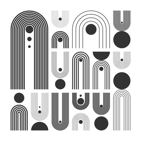 Arch and circle elements, modern geometric shapes. Contemporary design, mid century minimalist art. Trendy design elements for wall decor, posters, books, covers and flyers. Vector illustrationのイラスト素材