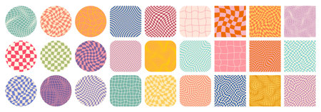 Groovy checkered pattern, colorful tiled grid. Vintage wavy curved backdrop, distortion effect....