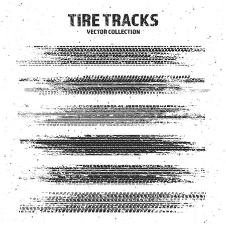 Grunge tire tracks with mud splatters, dirty wheel braking marks. Truck, car, or motorcycle tread pattern silhouettes. Perfect for off-road, motorsport, and racing designs. Vector illustrationのイラスト素材