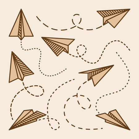 Realistic handmade paper planes collection on transparent background. Origami aircraft in flat style. Vector illustration.のイラスト素材