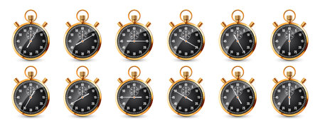 Realistic classic stopwatch. Shiny golden metal chronometer, time counter with dial. Countdown timer...