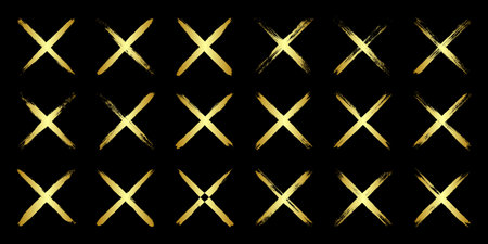 Golden grunge crosses, brush strokes, lines, ink smudges, hand-drawn scribble shapes. Handmade...